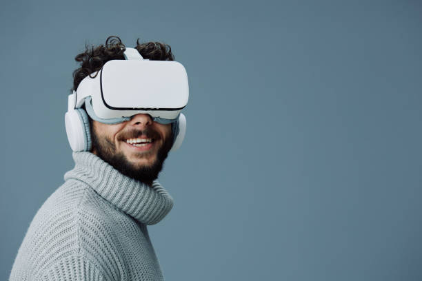 Tech man game wearable digital vr modern simulation glasses video reality young goggles headset virtual technology device vision innovation entertainment