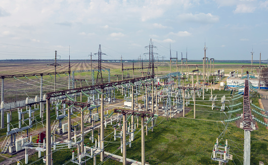 This substation, utility, electrical network infrastructure designed to carry high-voltage wires, cables, or overhead power lines.
