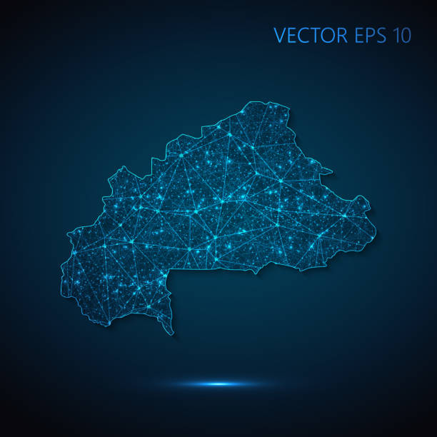 istock Burkina Faso map created from lines and bright points in the form of starry sky with polygonal wireframe mesh and connected lines on dark blue background 2150962254