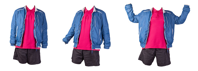 men's blue white jacket windbreaker, red  shirt and black sports shorts isolated on white background. fashionable casual wear .a set of three clothing objects