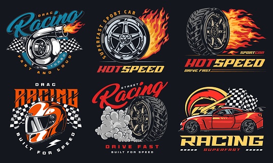 Street racing set flyers colorful with burning wheels from cars near turbo engine for drag or drift race vector illustration