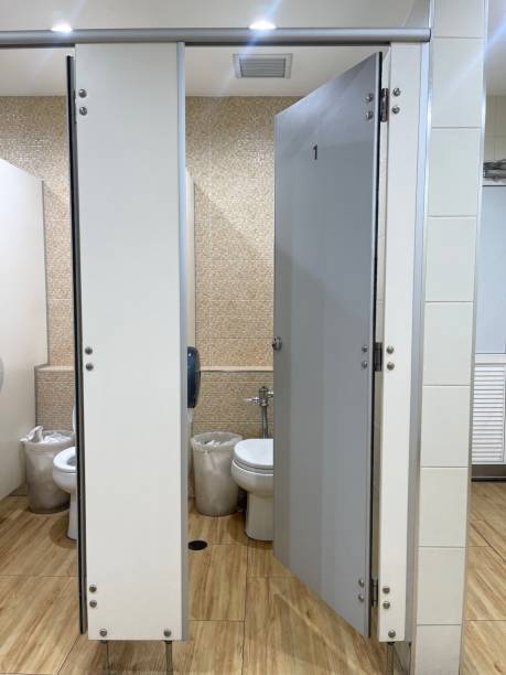 istock Row of public toilet decoration with blue color partition 2150966310