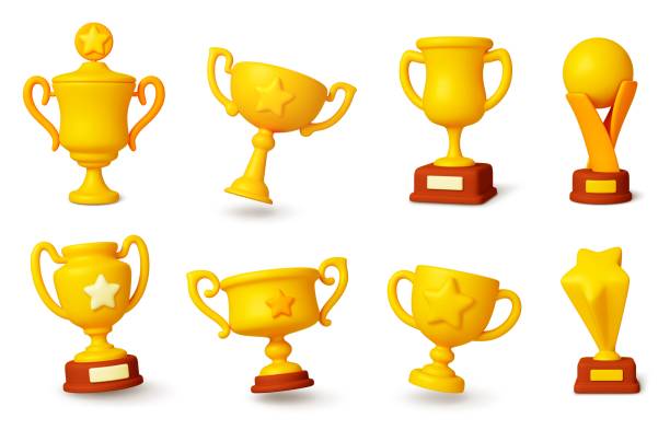 ilustrații de stoc cu trofeul de aur 3d. cupele de aur ale câștigătorilor, ceremonia de premiere cu stele. trofee pentru competiții sportive, campionate, premiu set vectorial realist - trofeu