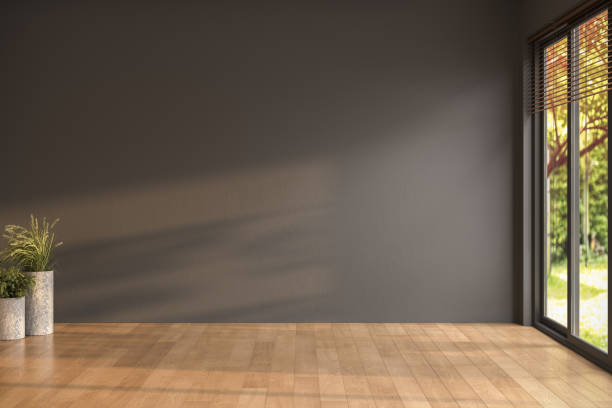 istock Empty room with black walls, parquet floor and view yard from window, simple minimalist interior architecture background with copy-space, 2150967070