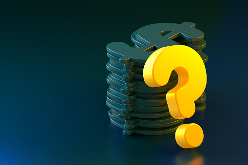 A Stack of Dollar Signs and a Neon-Lit Question Mark on a Blue Background. 3d Rendering