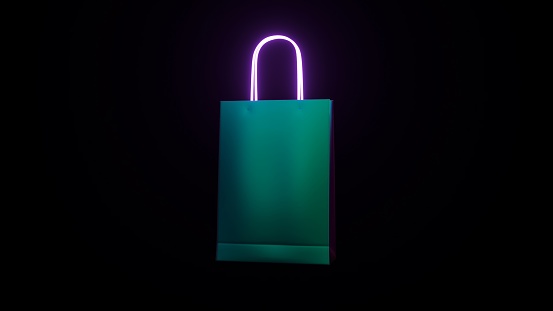 Neon-lit green shopping bag on a dark background