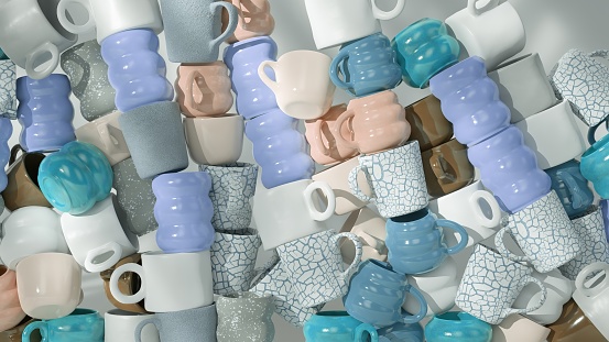 Close-up of stacked 3D coffee mugs with crackle glaze texture