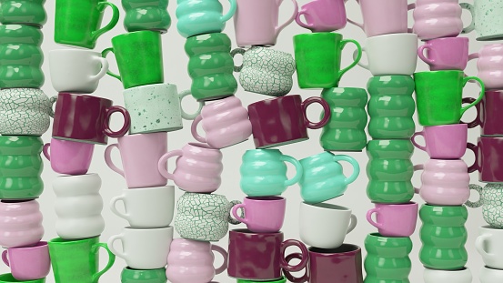 Abstract stacked 3D coffee mugs in green and purple hues