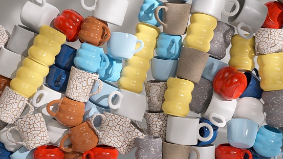 Various textured 3D coffee mugs stacked in an abstract pattern
