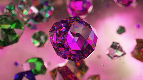 Vivid 3D animation of emerald green and multi-hued diamonds on a soft pink background