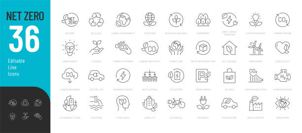 ilustraciones, imágenes clip art, dibujos animados e iconos de stock de conjunto de iconos editables de línea net zero. - energía eólica