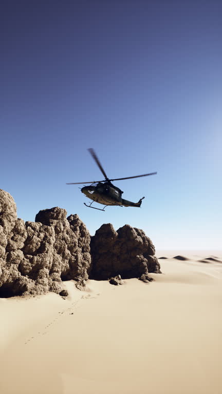 Helicopter Flying Over Rocky Desert