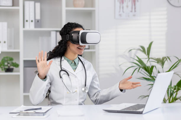 istock Female doctor exploring virtual reality in a modern clinic 2150978496