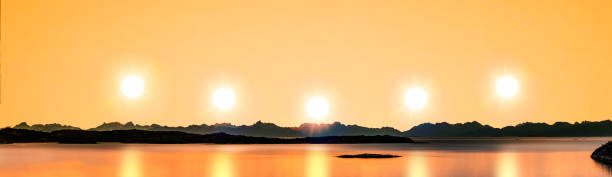 Midnight sun over the Lofoten Islands in Norway