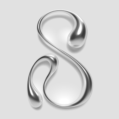 3D melted liquid metal letter S, English alphabet, with a glossy reflective surface, abstract fluid droplet shape, and silver chrome gradient. Isolated vector letter for modern Y2K typography design