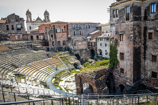 A View Of Greek-Roman Amphitheater And Ruins Around It In Catania, Sicily, Italy