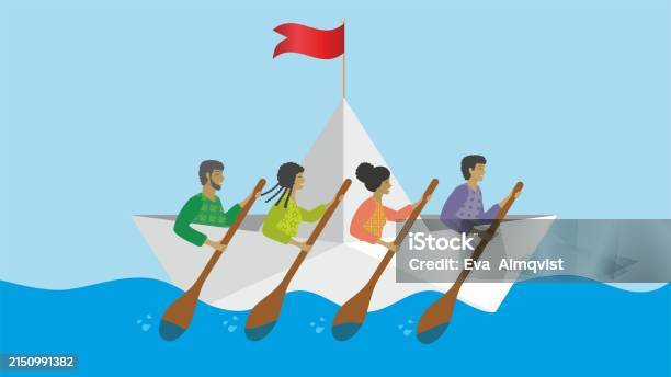 Employee Rowing Group Of People In Teamwork Rowing A Boat On Wavy Water Dimension 169 ...