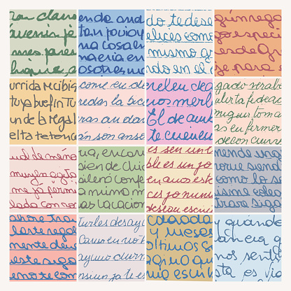 Beautiful neat handwriting script background. Cut out neat school handwriting script papers on a grid. Collage style background. Textured background. Neat school handwriting backgrounds on a grid.