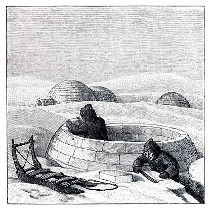 Two inuit men constructing an igloo in the arctic 1897
Original edition from my own archives
Source : Natura ed Arte 1897