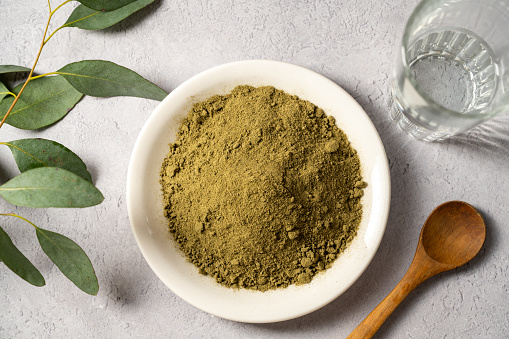 Moringa Matcha Wheatgrass Green Powder. Food supplement, healthy food lifesyle