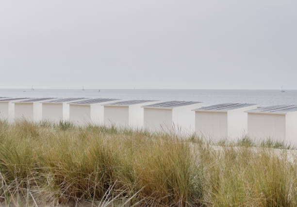 Blankenberge, West-Flanders, Belgium - July 6, 2025: seasonal installation of white beach huts in a row on the beach with Zeebrugge in the background at sunset in summer