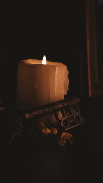 A white candle in a dark room.