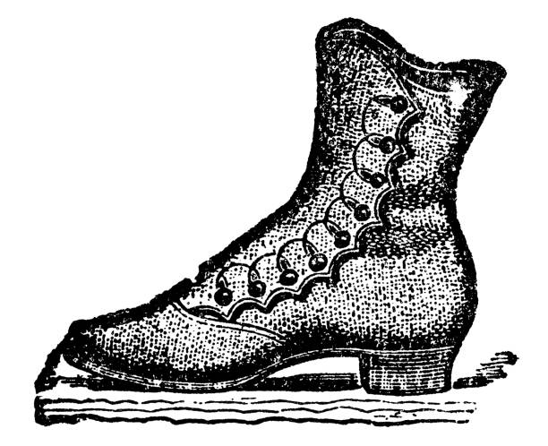 A 1890s Victorian style fashion, ladies side button house boot. Vintage etching circa 19th century.
