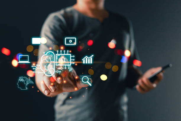 istock Man touch icon ai and use smartphone, Marketers education, research, analyze media video streaming content creation and online marketing strategies to grow their digital business. 2150997824