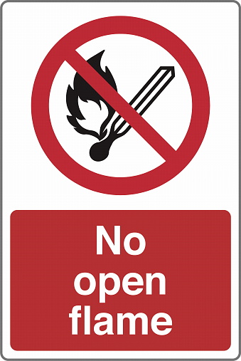 Safety warning prohibition signs icon pictogram symbol registered with text No open flame Fire open ignition source and smoking prohibited