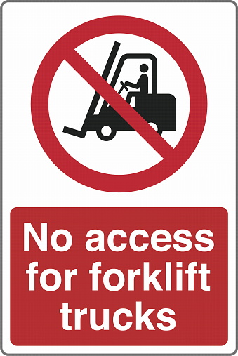 Safety warning prohibition signs icon pictogram symbol registered with text No access for fork lift trucks and other industrial vehicles