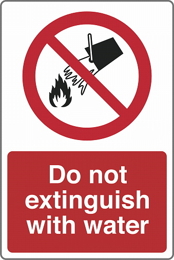 Safety warning prohibition signs icon pictogram symbol registered with text Do not extinguish with water