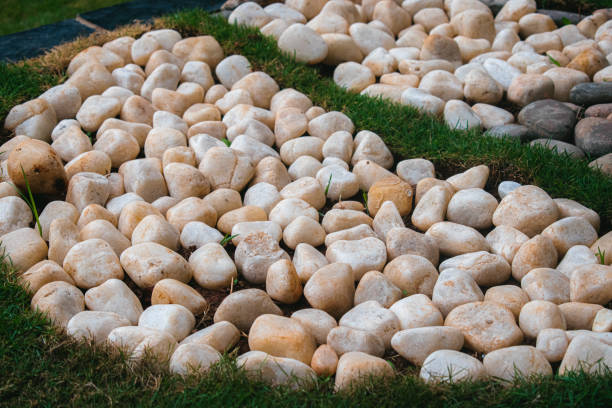 White stones on green grass in the garden.