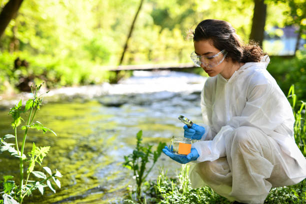 istock Female Inspecting River Dirt Gathered In Jar With Magnifying Glass As Science Project 2151003332
