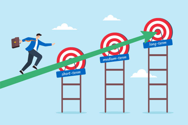 istock Businessman running towards short, medium, and long term goals, illustrating setting objectives across different timeframes. Concept of step to achieving success and aiming reaching targets 2151003879