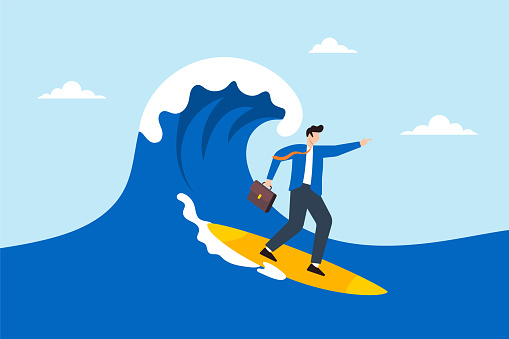 Expert businessman surfing or riding wave to success direction, illustrating following business trends and momentum. Concept of overcoming difficulties, professional experience and career development