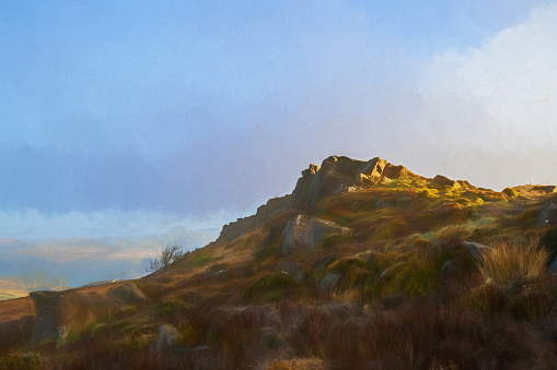 Sunrise digital oil painting of The Roaches in the Staffordshire Peak District National Park, England, UK.