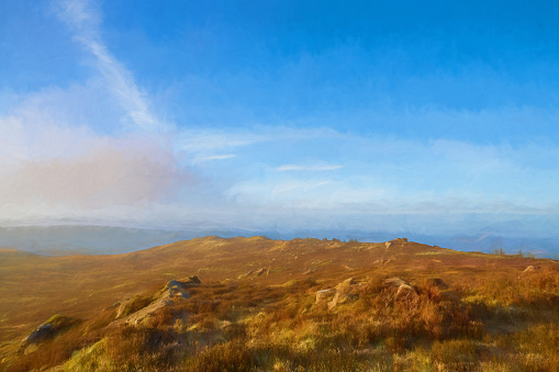 Sunrise digital oil painting of The Roaches in the Staffordshire Peak District National Park, England, UK.