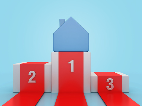 3D House on Winner Podium - Colored Background - 3D Rendering