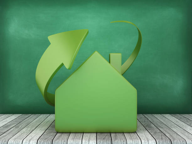 3D House with Recycling Arrow - Chalkboard Background - 3D Rendering