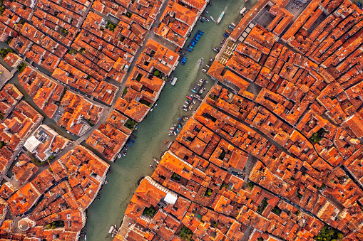 Incredible cityscape Venice and Venetian lagoon. Venice Grand Canal and buidings from drone, Italy