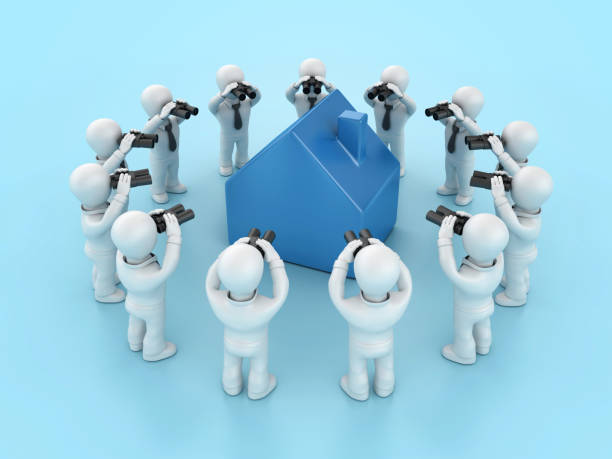 3D House and Cartoon Teamwork People with Binoculars