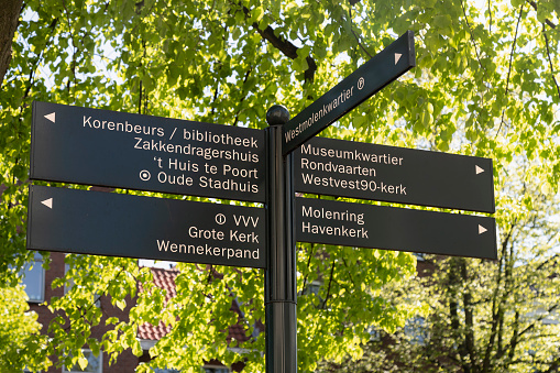 Schiedam, Netherlands, April 29, 2024; Tourist signage to various destinations in the center of Schiedam.