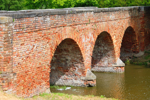 Ancient bridge made of red bricks with three arches over the river