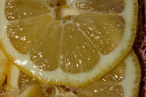 A juicy freshly cut lemon slice on a porcelain plate with a burgundy pattern