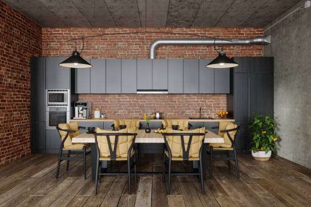 istock Industrial Style Kitchen With Dining Table, Chairs, Black Cabinets And Brick Wall 2151020715