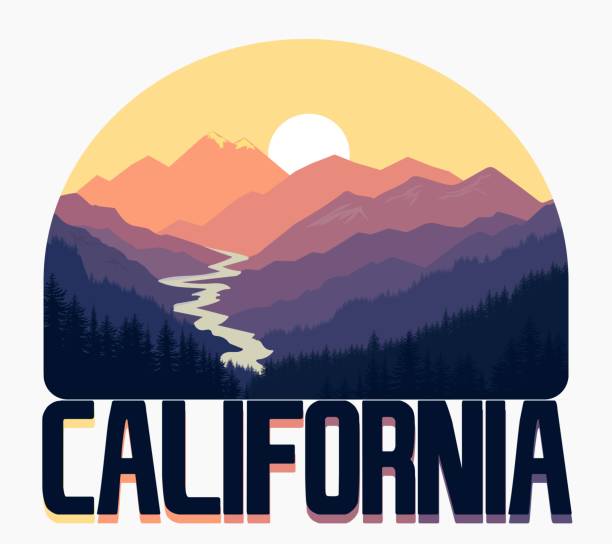 California Mountains t-shirt vector emblem graphics. Golden State National Forest print. Rock climbing typography, hiking stamp, , vintage tee apparel design