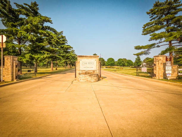 The entrance to Oak Ridge Cemetery in Springfield, Illinois, USA. Distant view. The Lincoln Tomb, where Abraham Lincoln, his wife and all but one of their children lie, is here, as are the graves of other prominent Illinois figures. Located on historic Route 66.