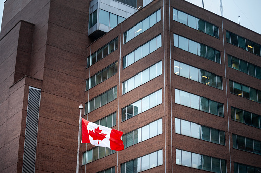 This image captures the dynamic essence of corporate Canada, showcasing the iconic maple leaf emblem fluttering proudly against a backdrop of modern commercial architecture. The building's geometric lines and reflective glass windows embody the fusion of tradition and progress in the urban landscape. The scene is set in a bustling city district, where the flag symbolizes a proud, forward-thinking nation rooted in its enduring values. The harmonious blend of nature's emblem with human enterprise tells a story of national pride and economic vitality.