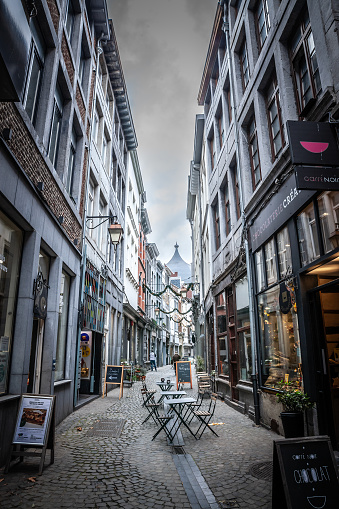 Liege, Belgium - November 9, 2022: Picture of a typical pedestrian street of the city center of Liege, Belgium, en neuvice. Liège is a major city and municipality of Wallonia and the capital of the Belgian province of Liège.