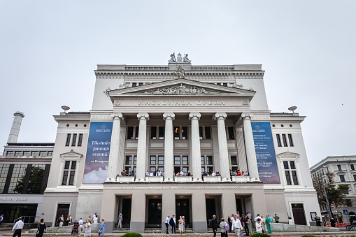 Riga, Latvia - August 20, 2023: Picture of Nacionala Opera in riga. The Latvian National Opera and Ballet (LNOB) is an opera house and opera company at Aspazijas boulevard 3 in Riga. Its repertoire includes performances of opera and ballet presented during the season which lasts from mid-September to the end of May.